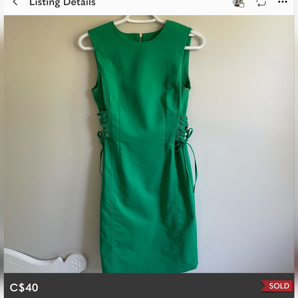 CALVIN KLEIN GREEN SLEEVELESS DRESS SIDE CORSET EXPOSED ZIPPER GOLD STRETCH